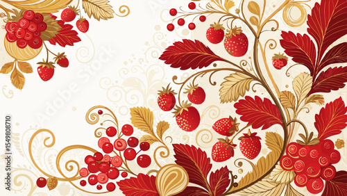 Vector illustration of abundance of berries and leaves filled with rowan berries, strawberries and stylized leaves in rich red and gold colors arranged in a symmetrical rhythmic pattern with copy spac
