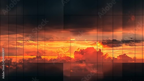 Fiery Sunset Through Glass Grid