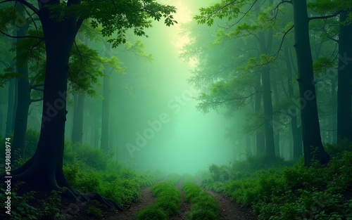 A scenic view of a green forest with a mystical atmosphere, symbolizing nature and tranquility, suitable for landscape and nature themes. High quality