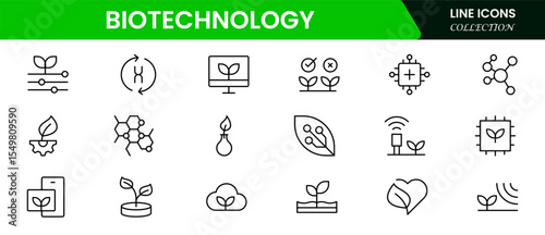 Innovative vector web line icons depicting biotechnology, DNA, lab research, genetic engineering, and cutting-edge medical and scientific advancements.