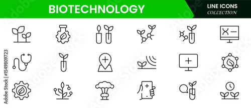 Innovative vector web line icons depicting biotechnology, DNA, lab research, genetic engineering, and cutting-edge medical and scientific advancements.