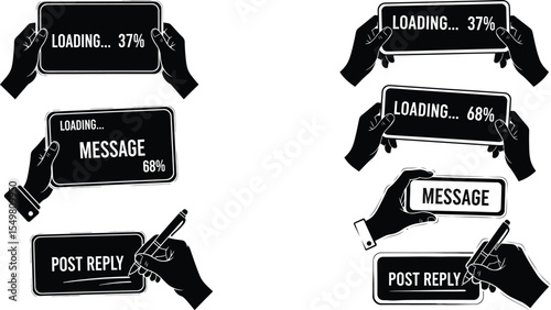 Hands Holding Devices Displaying Loading, Message, and Post Reply Notifications