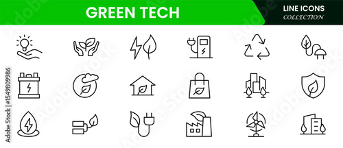 Eco-conscious vector web line icons depicting green tech, sustainability, renewable energy, recycling, and innovative solutions for environmental preservation.