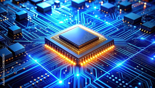 Illuminating Circuitry: Detailed view of a modern computer microchip motherboard
