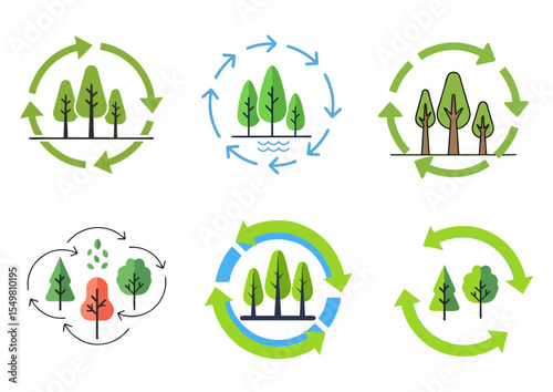 Forest with three stylized trees and circular arrows around, flat vector illustration visualizing reforestation and nature regeneration on white