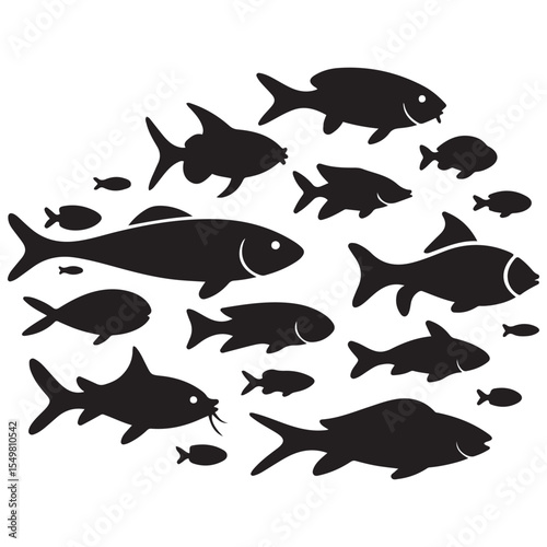 Shoal and fish school. Vector black silhouette. with white background