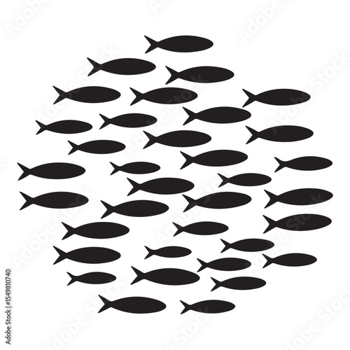 Shoal and fish school. Vector black silhouette. with white background
