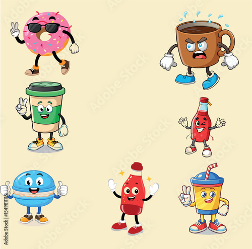 Cute Food and Drink Mascot Cartoon Character Set