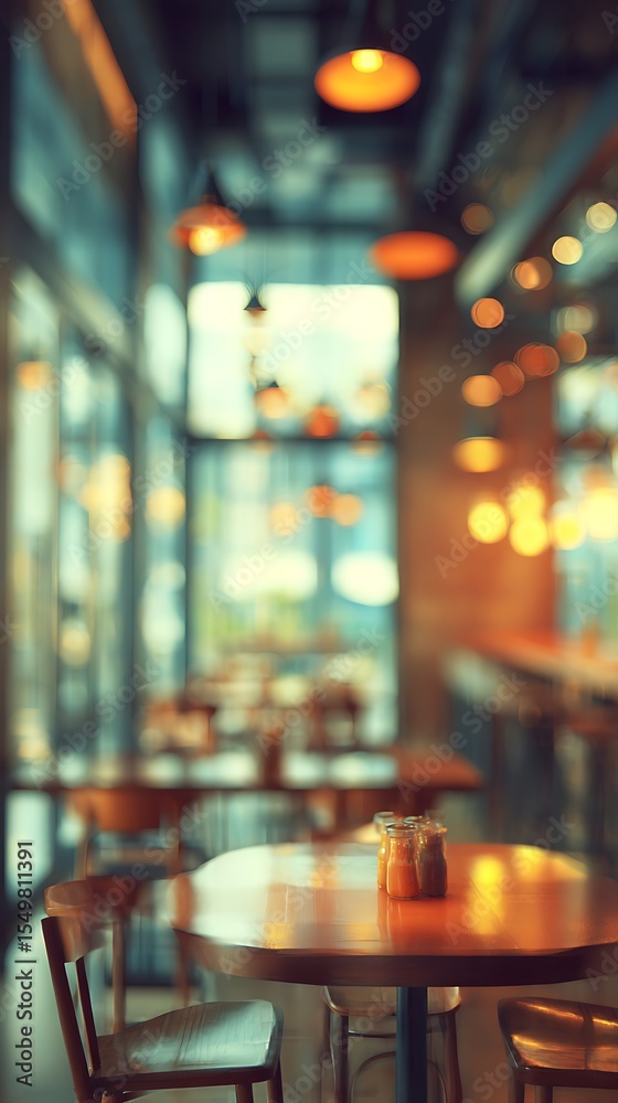 Blurred Cafe Interior With Round Wooden Tables, Hanging Lights, and Glass Windows Blurred Cafe Interior With Round Wooden Tables, Hanging Lights, and Glass Windows