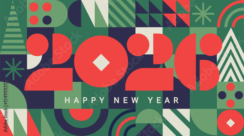 Geometric banner for 2026 New Year.Greeting poster with numbers on minimalistic background with simple geometry shapes.Template for flyer,web, cover,calendar,web,presentation,print.Vector illustration