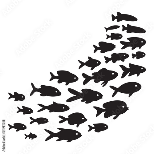 Shoal and fish school. Vector black silhouette. with white background