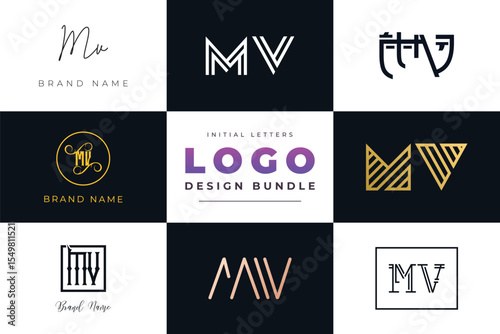Initial letters MV Logo Design Bundle