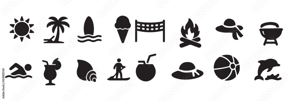 Obraz premium Summer and beach silhouette icons – solid style vacation, leisure, and relaxation symbols for travel planning: sun, palm tree, beach ball, ice cream, sunglasses, waves, flip flops, drink