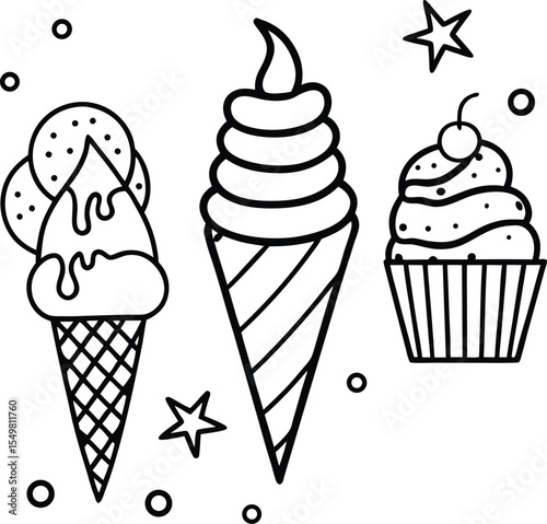Icecream Cone Cupcake Dessert Sweet Treat Food Summer Fun Childrens Black White Line Art Graphic Design Vector Illustration Simple Cute Whimsical

