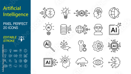 AI Technology Icon Set. Artificial intelligence set of web icons in line style. Editable stroke