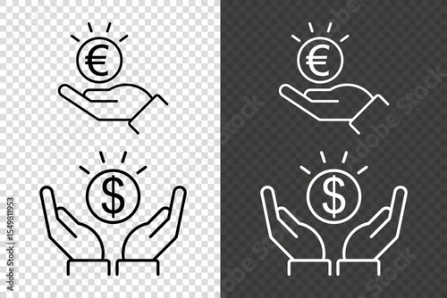 Received money icon. Vector icon of hands holding dollar and euro coins with rays, shown in outline style on a transparent background. Pixel perfect