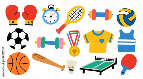 Set of sports equipment and accessories. Includes boxing gloves, stopwatch, dumbbells, balls, rackets, jersey, and more. Perfect for fitness, training, school, and sports-related designs.