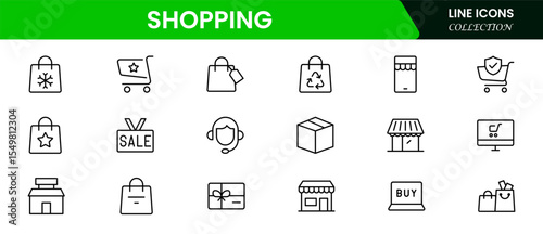 Vibrant vector web line icons depicting shopping, e-commerce, carts, payments, and seamless online retail experiences for dynamic consumer engagement.