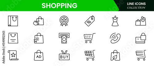 Vibrant vector web line icons depicting shopping, e-commerce, carts, payments, and seamless online retail experiences for dynamic consumer engagement.
