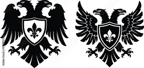 Heraldic DoubleHeaded Eagle Designs with Shield and FleurdeLis, Graphics Set