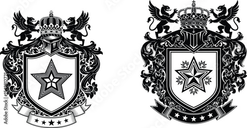 Heraldic Emblems Featuring Crowned Shield, Griffins, Stars, and Banner Illustrations