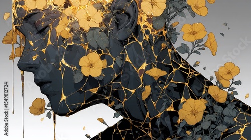 Conceptual illustration of a kintsugi-inspired human bust adorned with flowers and gold