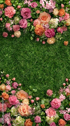 Floral Background with Colorful Roses and Green Grass Texture