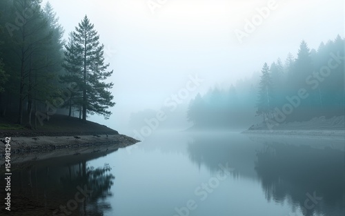 Scenic view of misty forest with trees on rocky terrain, reflecting on water, minimalist travel and environment theme, tranquil and serene. High quality
