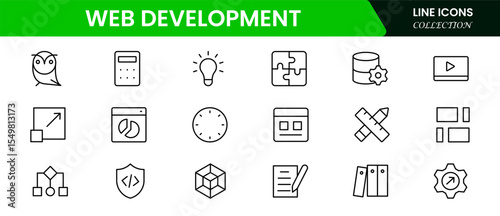 Sleek vector web line icons depicting web development, coding, design, browsers, and tools for creating dynamic, user-friendly websites.