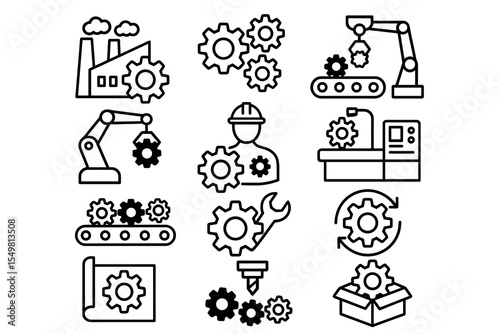 Industrial automation icons: gears, robots, engineer, assembly line, factory