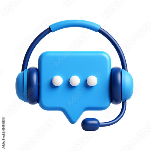 3d blue speech bubble with headset isolated on transparent PNG.