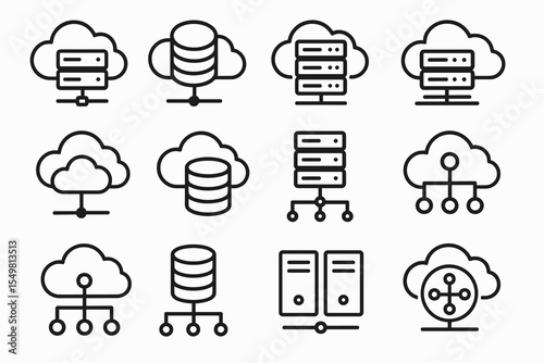Set of cloud computing and network server icons in linear style