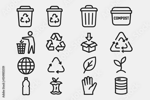 Eco-friendly recycling and composting icons with global and natural symbols