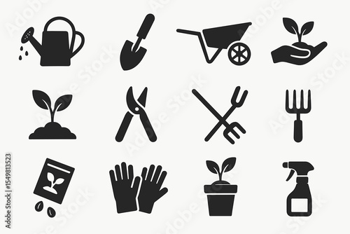 Set of gardening tools and plant icons for cultivation and planting