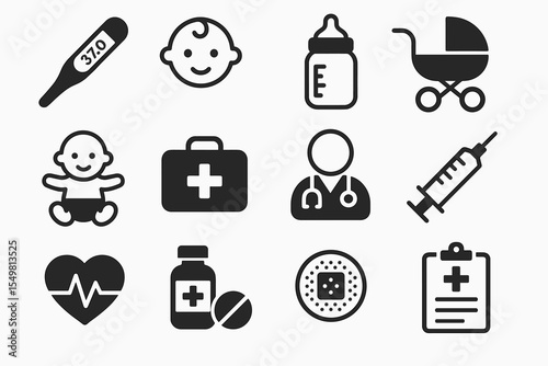 Baby and healthcare icons: thermometer, bottle, stroller, medical kit, doctor, syringe