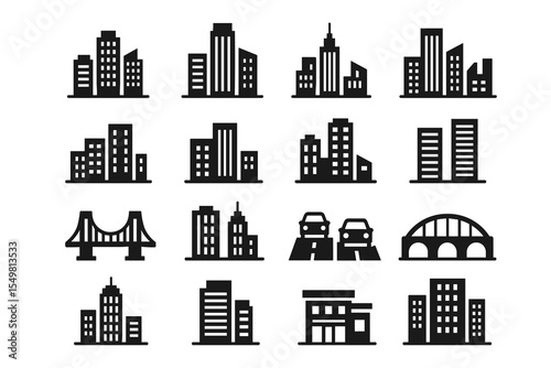Black and white cityscape icons set featuring buildings, bridges, and roads