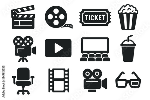 Cinema icons set: clapperboard, film reel, ticket, popcorn, camera, play button