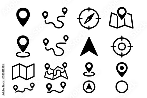 Minimalist navigation and map icons set featuring compass and location pins