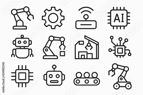Industrial automation and robotics line icons with ai integration
