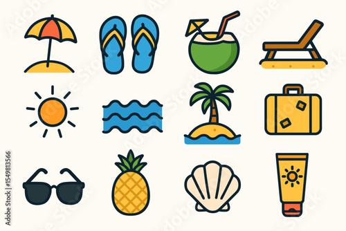 Summer icons: beach, tropical drink, sunglasses, pineapple, palm tree, flip-flops, sun
