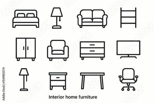 Stylish home furniture icons: bed, lamp, sofa, chair, dresser, tv, desk