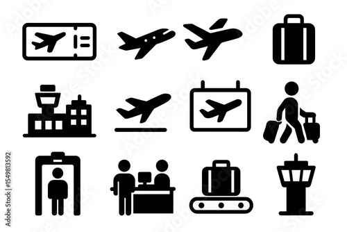 Airport icons: tickets, planes, luggage, security, and control tower symbols