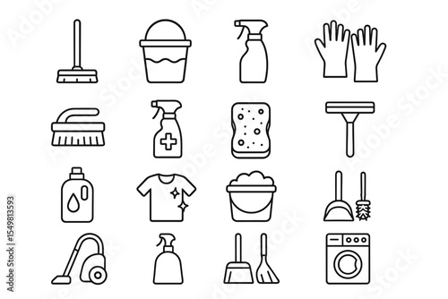 Set of household cleaning icons with various supplies and tools in simple line art style