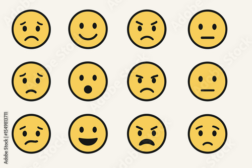 Twelve yellow emoji faces displaying diverse human emotions