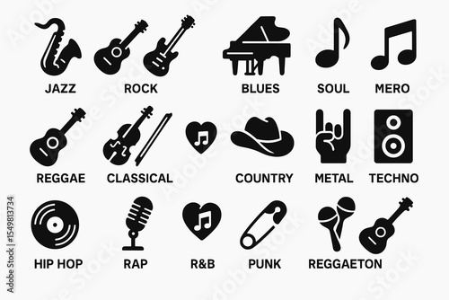 Music genre icons featuring instruments and styles: jazz, rock, blues, and more