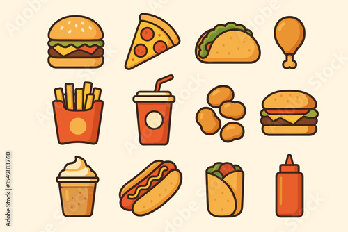 Cartoon fast food icons: burgers, pizza, taco, hotdog, fries, beverages, snacks