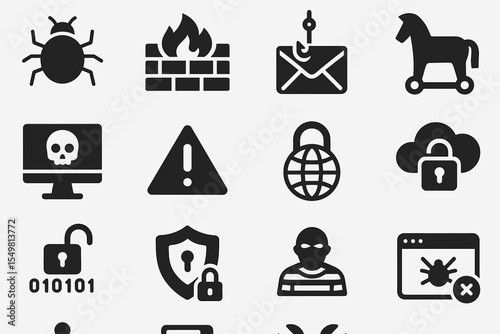 Cybersecurity icons: virus, firewalls, phishing, trojan, malware, hacking, encryption, warning signs