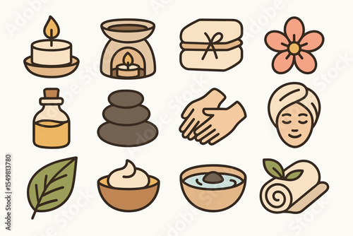 Spa elements: candle, meditation stones, essential oil, skincare icons set