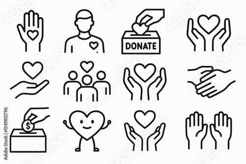 Charity and donation icons: hands, hearts, people, donate actions