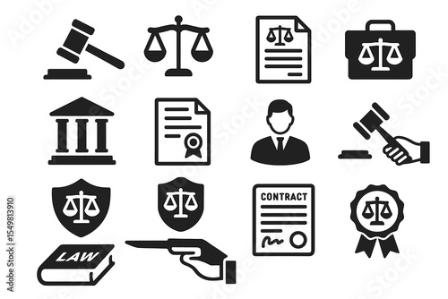 Law and justice icons set with legal documents and symbols